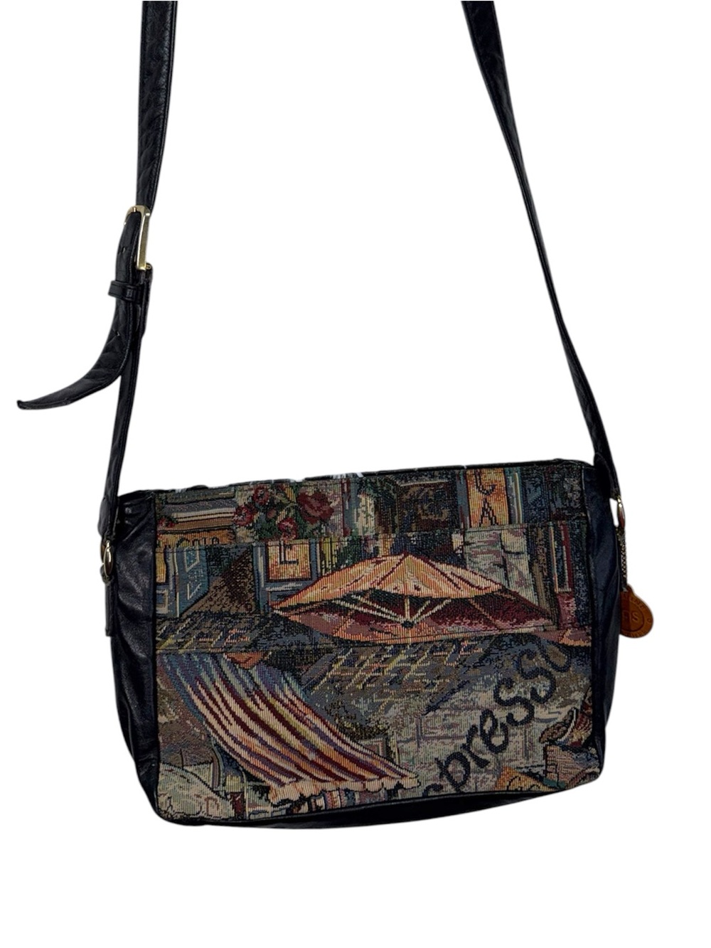 Vintage Tapestry Shoulder Bag Leather Italian Bistro Beachy Boho Purse Espresso